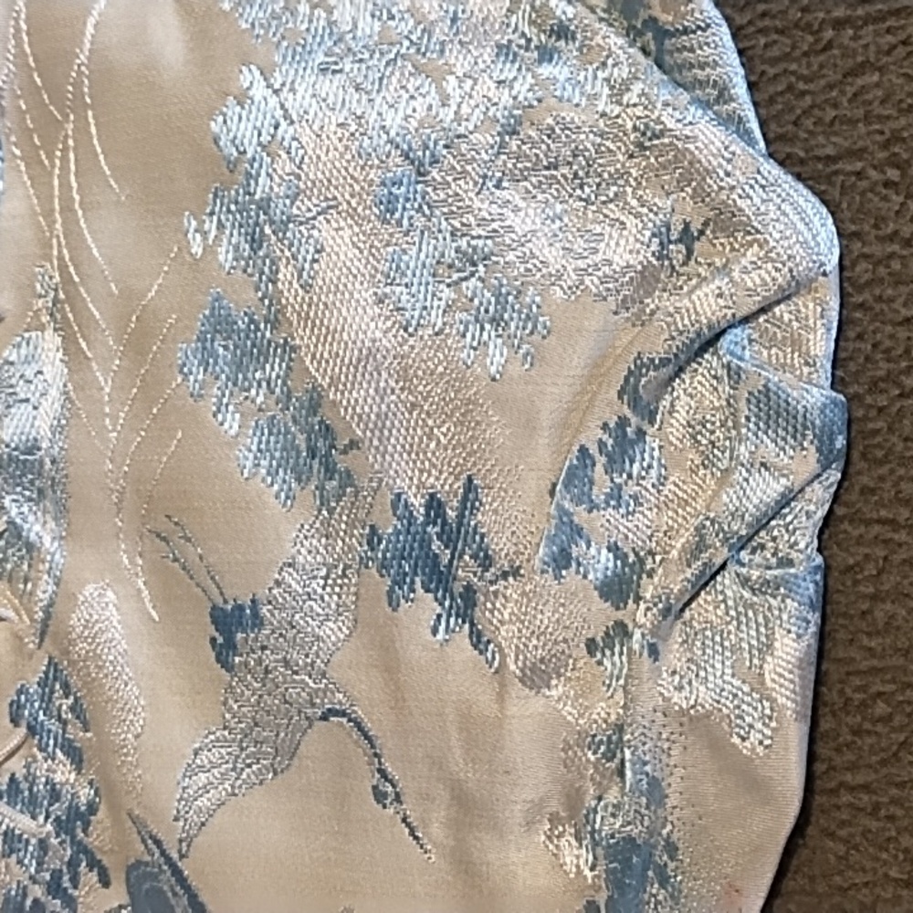 Hand Crafted Silk Damask Reticule Drawstring Bag Crane Temple Blue Silver - Picture 7 of 8